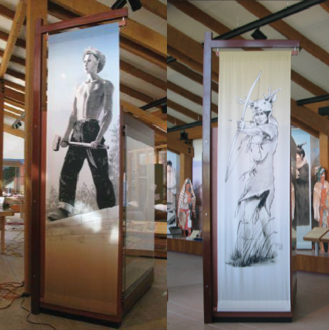 Satin fabric banners hanging in a display