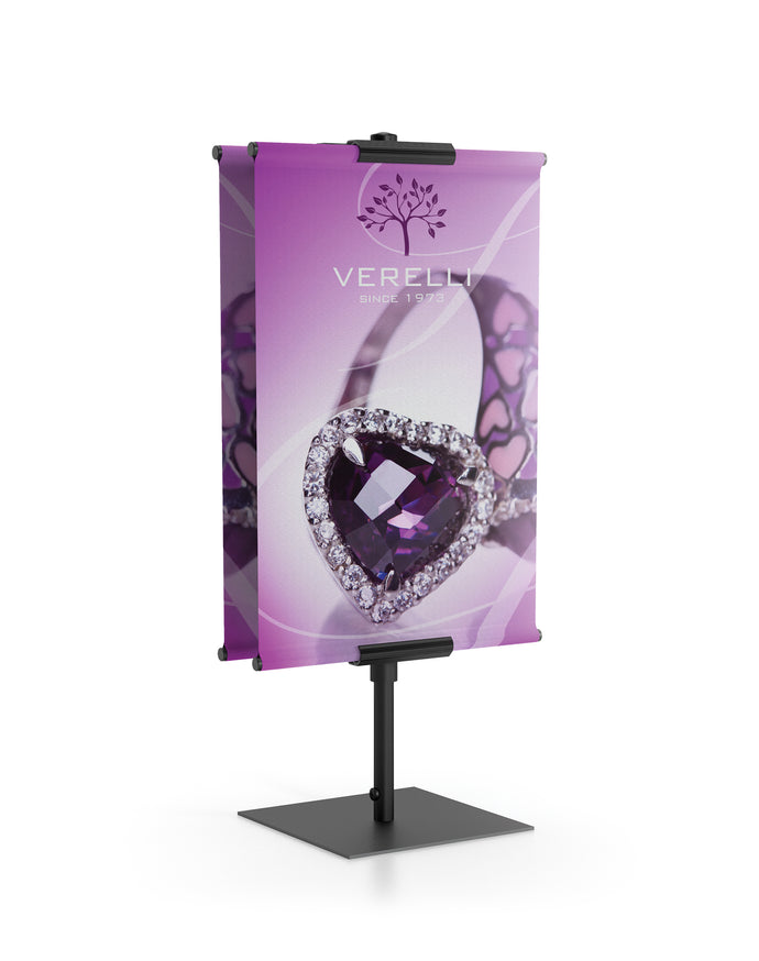 Classic Banner Stand | 8 Inch Sq. Base | 12 Inch Wide Banners | Silver