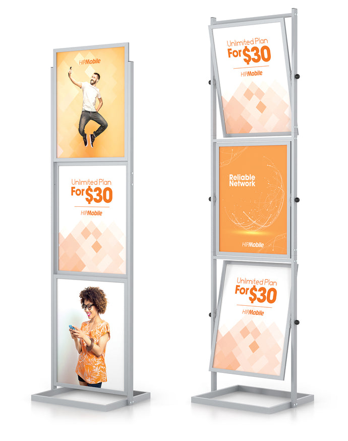 Poster Sign Holder | 22 x 28 3 Tier. Silver | Wheel Base
